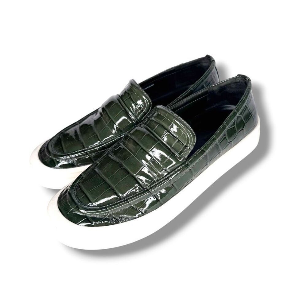 Vince Ghita Slip-On Sneakers Dark Green Crocodile Embossed Patent Leather 38.5